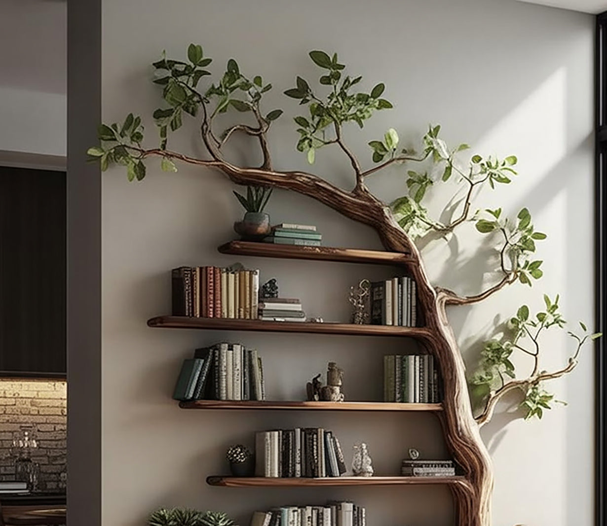 Handgefertigtes Baum-Bücherregal aus Holz – Künstlerisches Wandregal