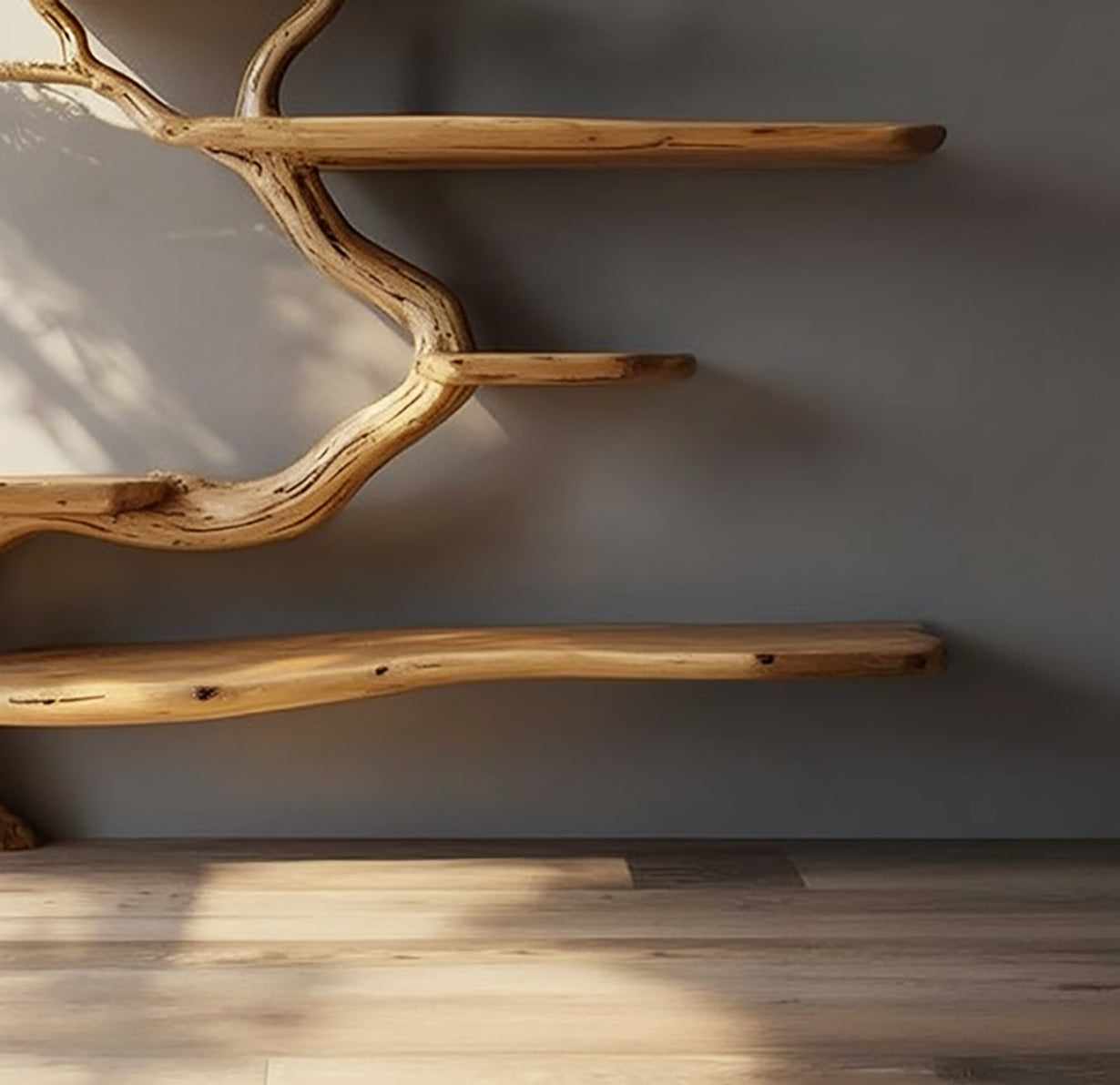Rustikales Tree Branch Bücherregal – Handgemachte Wanddeko aus Massivholz