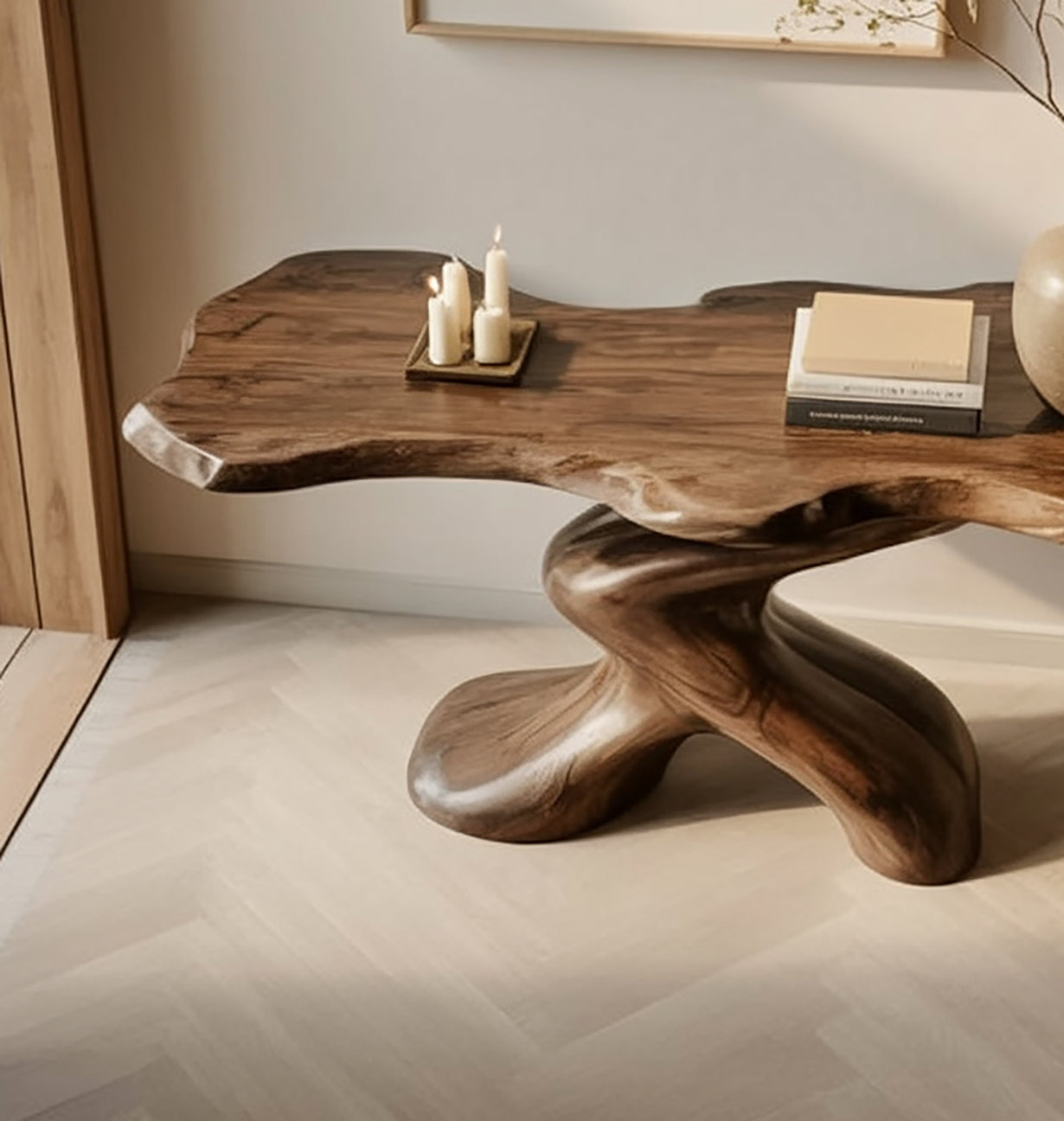 Moderne rustikale Massivholz-Konsole mit skulpturalem Sockel