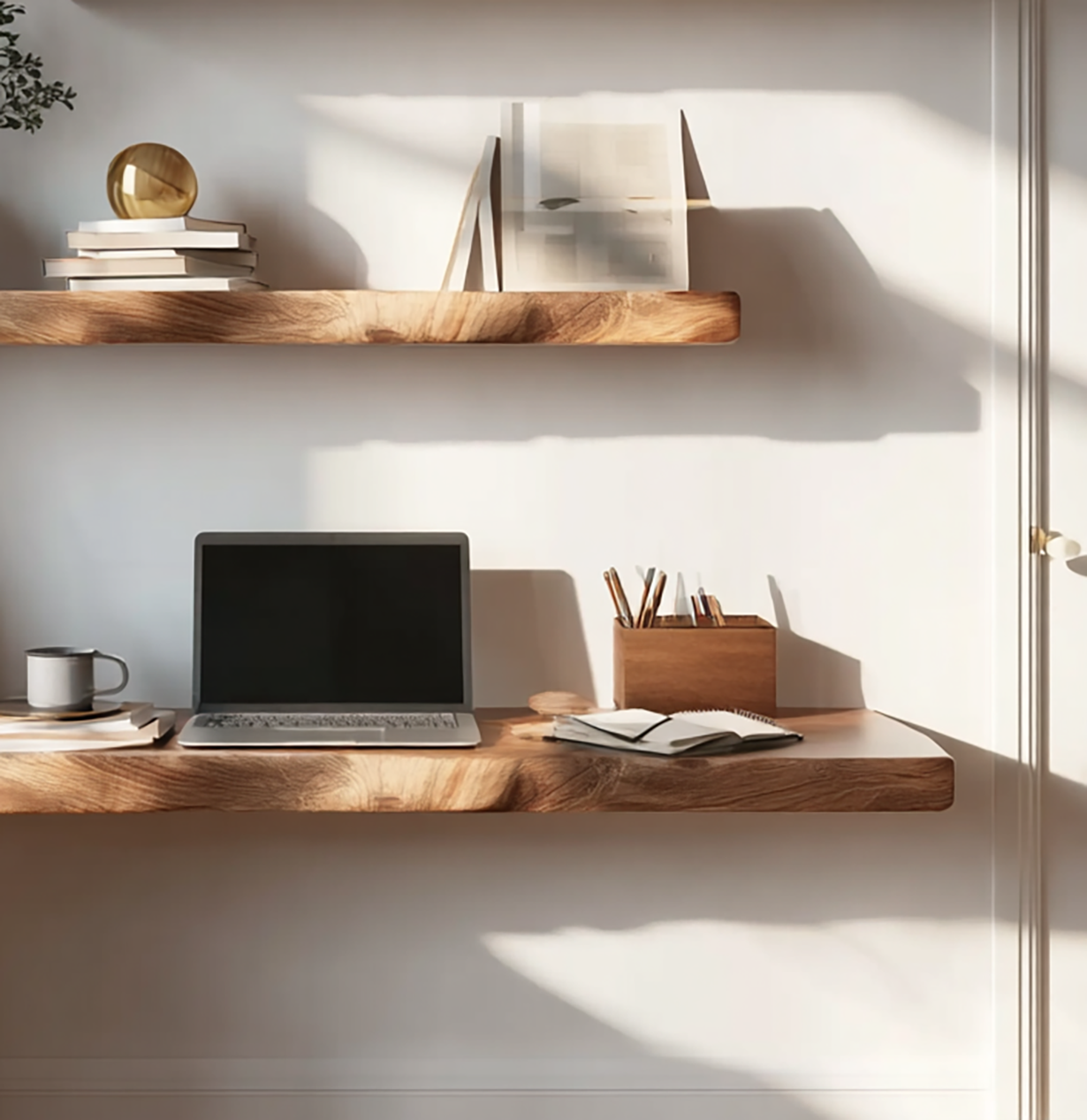 Live Edge Massivholz-Wandregal – Handgefertigter Schreibtisch für Home Office