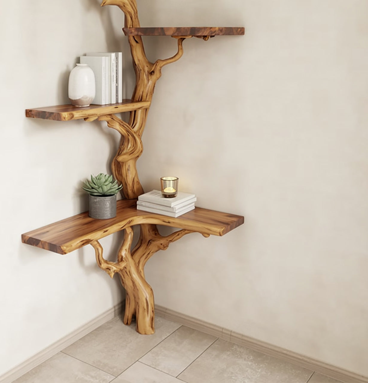 Eck-Bücherregal aus Baumästen – Schwebendes Wandregal aus massivem Live-Edge-Holz