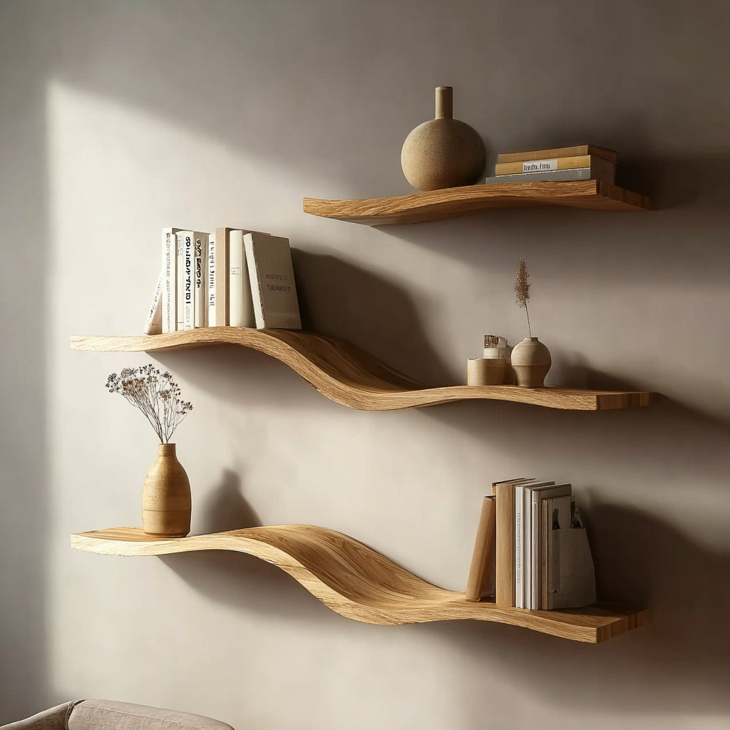 Massivholz Wellen-Wandregal – Modernes Wandmontiertes Rustikales Wohnaccessoire