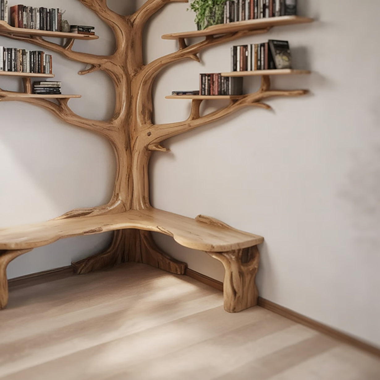Wooden tree-shaped bookshelf with corner bench in minimalist room featuring light wood flooring