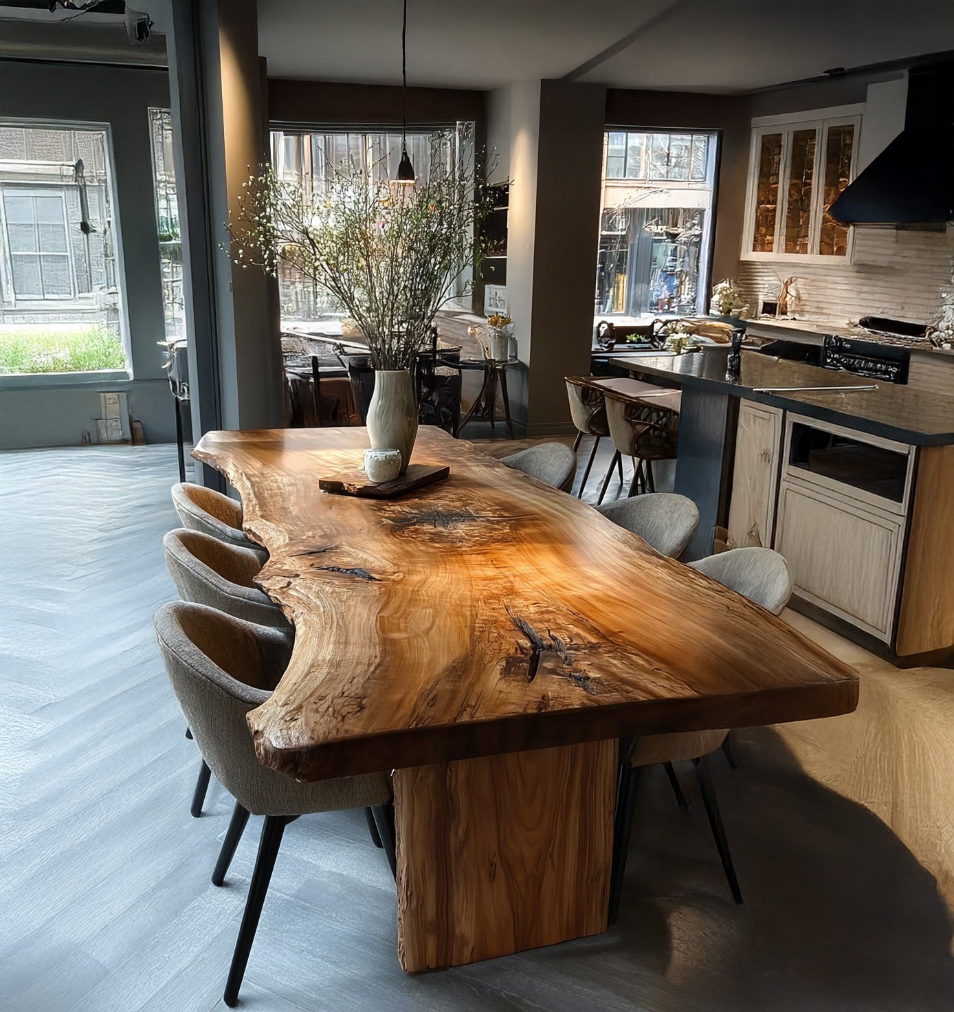 Handgefertigter Massivholz-Esstisch mit Naturkante – Bauernhausstil