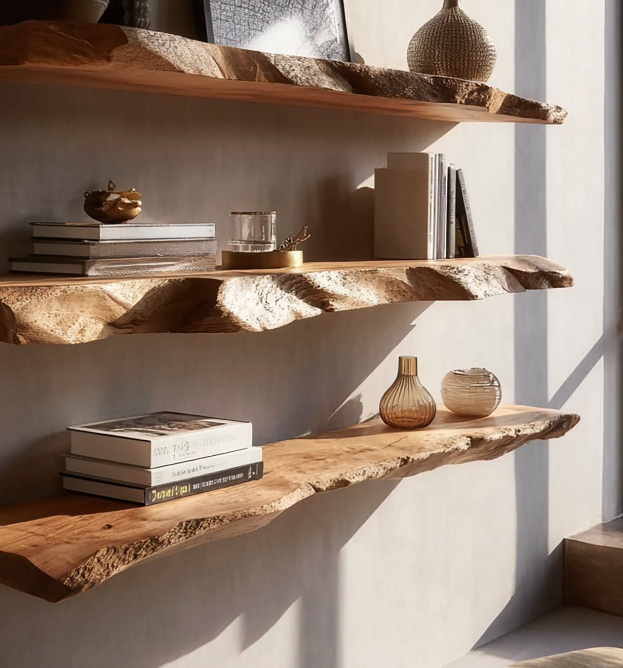 Handgefertigtes Massivholz-Wandregal mit Live Edge – Rustikale Wohnkultur
