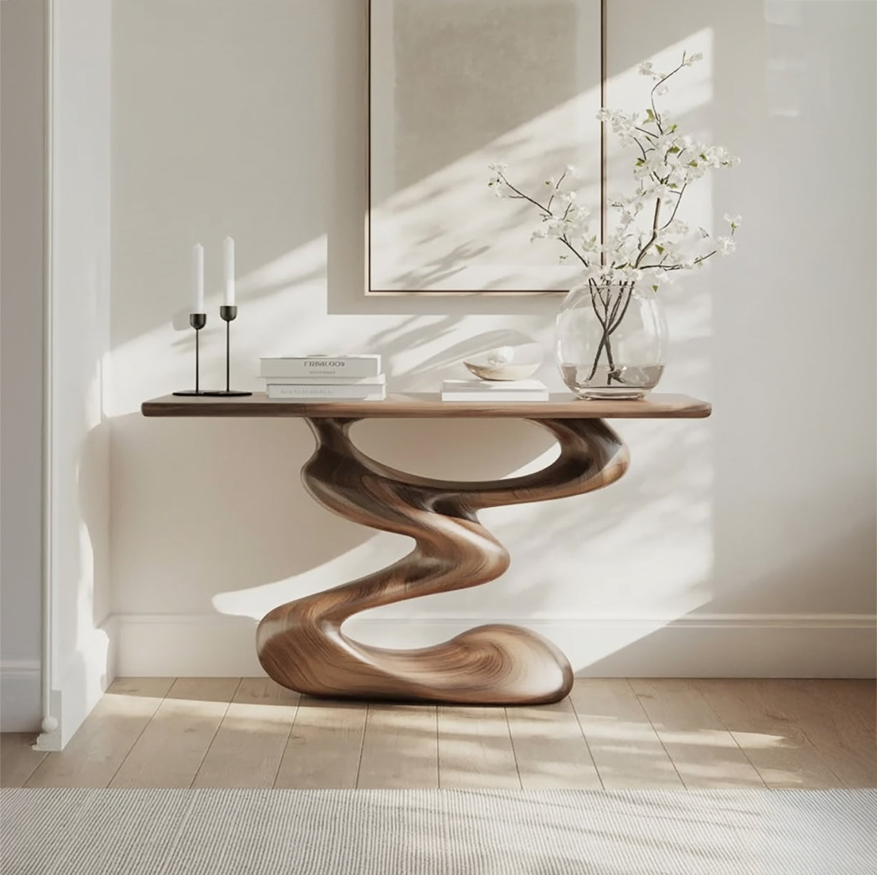 Handgefertigte Massivholz-Konsole mit skulpturalem Sockel – minimalistisch