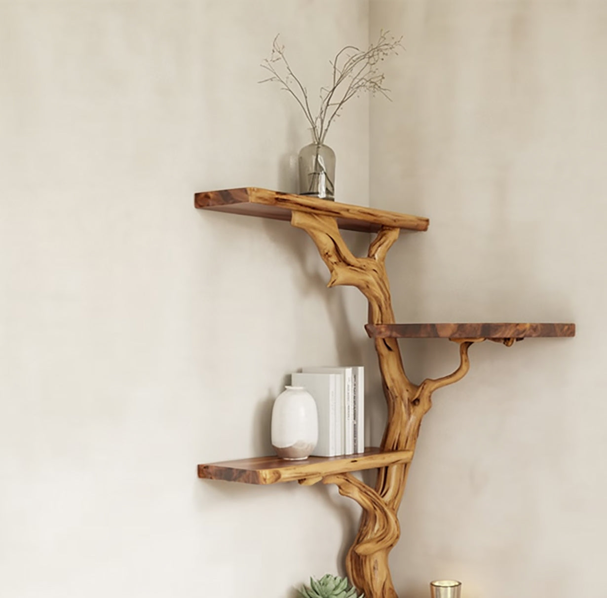 Eck-Bücherregal aus Baumästen – Schwebendes Wandregal aus massivem Live-Edge-Holz