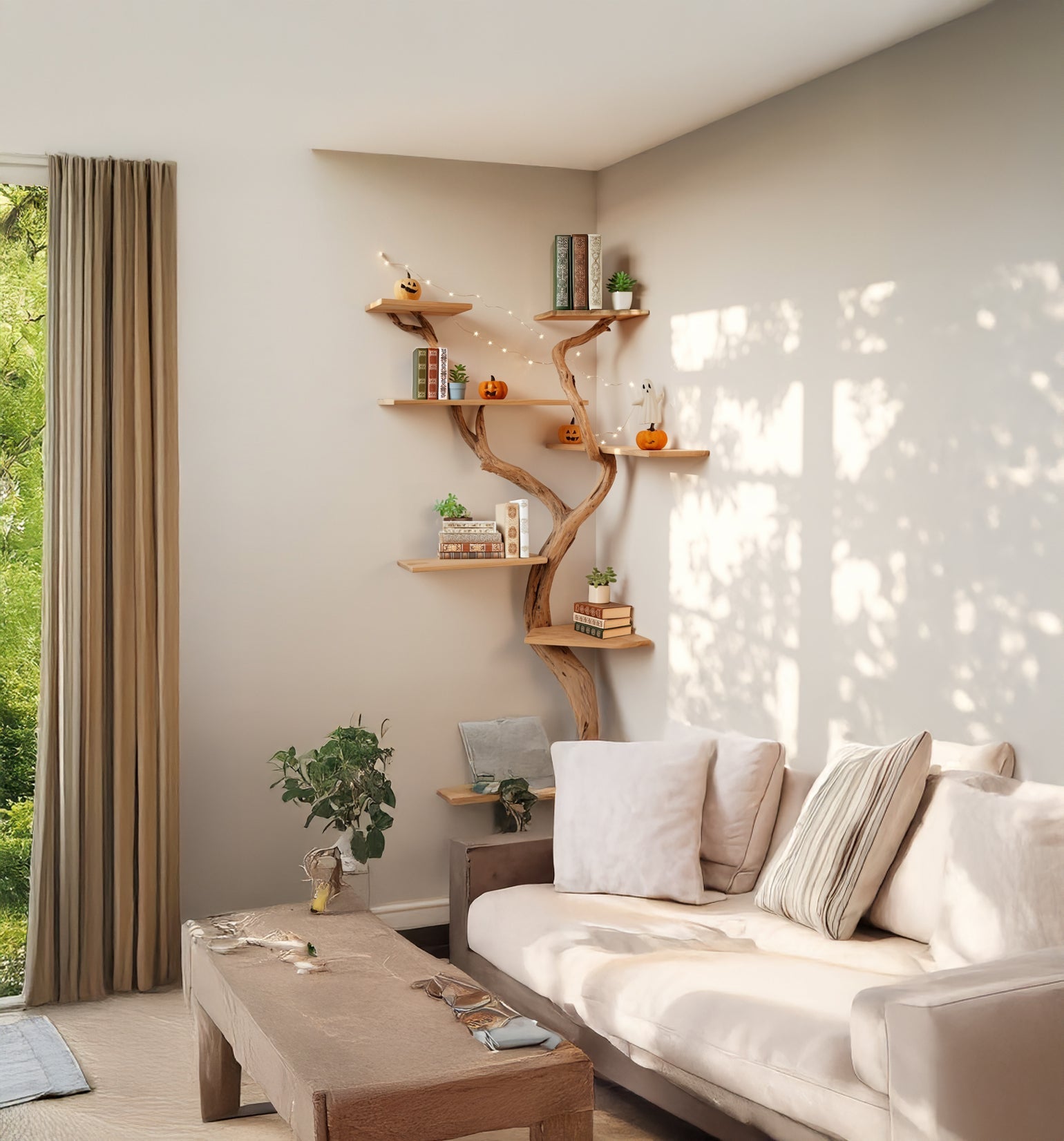 Handgefertigtes Ast-Wandregal mit Blättern – Dekoratives Schweberegal