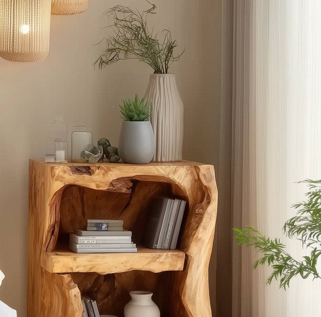 Handgefertigter Nachttisch mit Schublade – Rustikaler Naturholz-Nachtisch