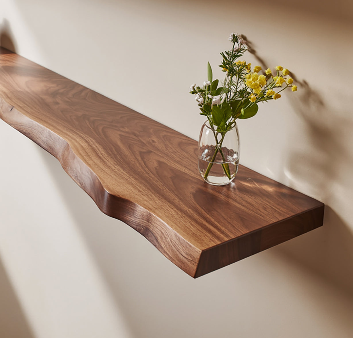 Live Edge Wandregal aus Massivholz – Schwebende Wanddeko