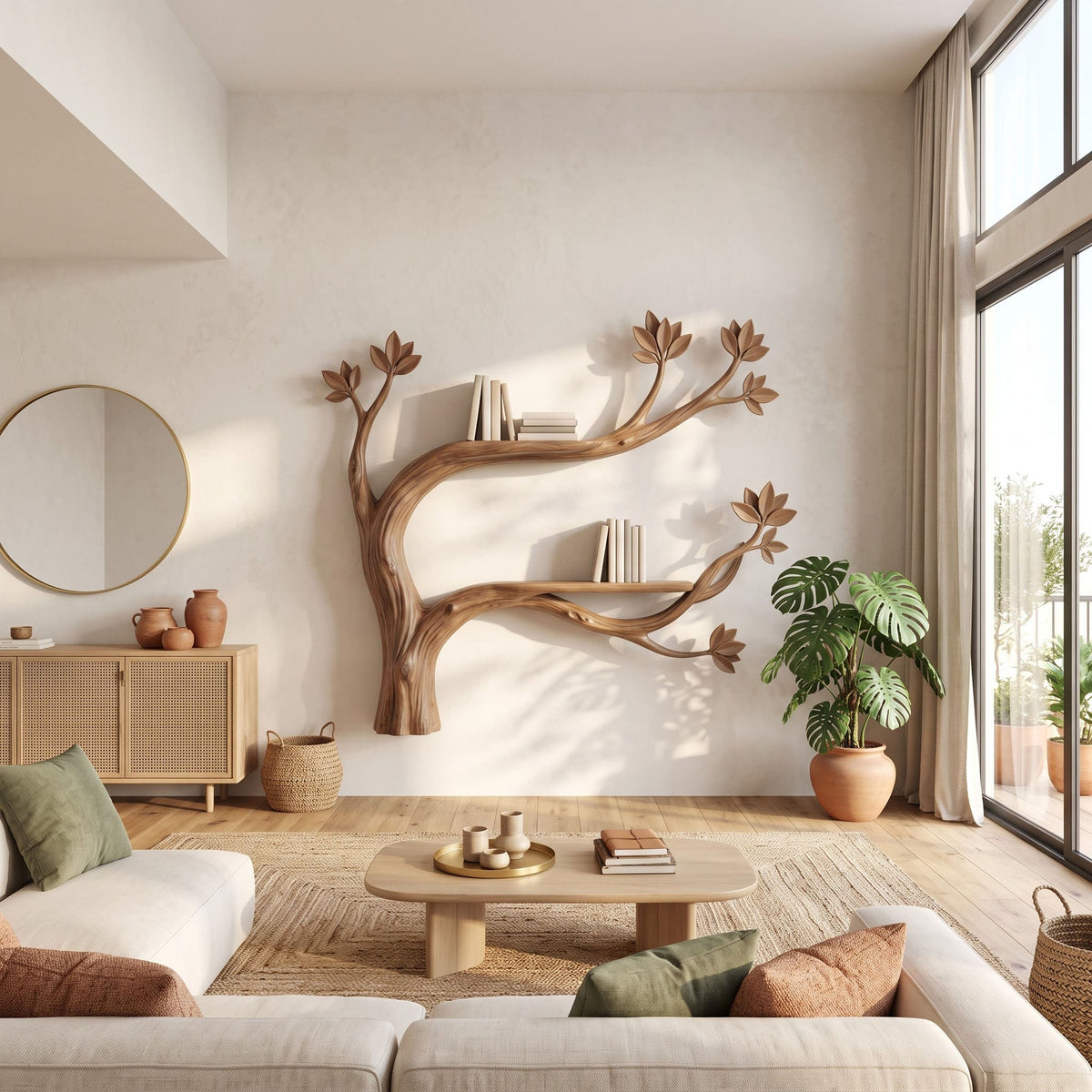 Handwerkliche Baum-Wandregaleinheit aus Massivholz, die ein biophiles Wohnzimmerinterieur aufwertet