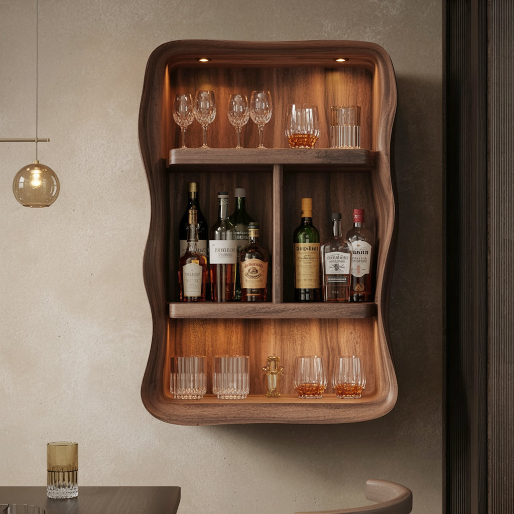 Rustikales Live Edge Barregal – schwebendes Massivholz-Regal für Küche & Bar