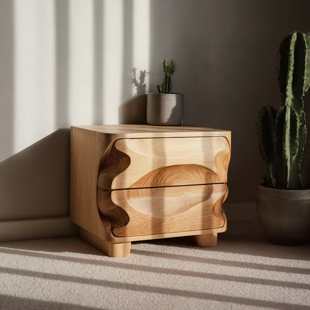 Moderner Wellennachttisch – Massivholz-Nachtisch mit handgeschnitzter Schublade