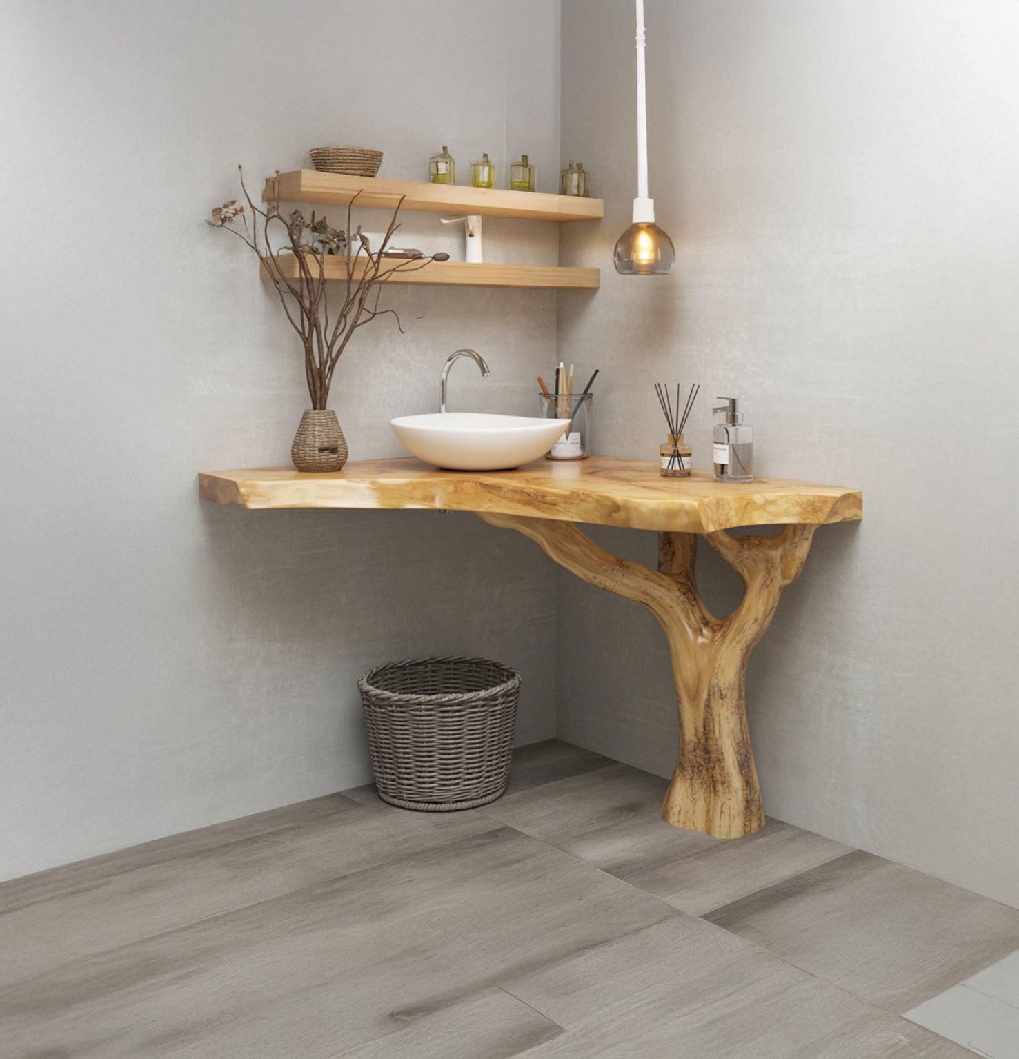 Waschtisch aus Baumstamm mit Naturkante – Massivholz-Eckkonsole mit Astbein