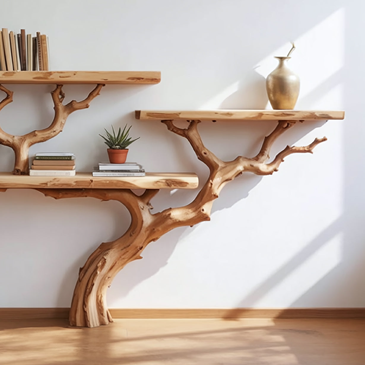 Baumast-Bücherregal für den Boden aus Massivholz mit natürlicher Baumkante