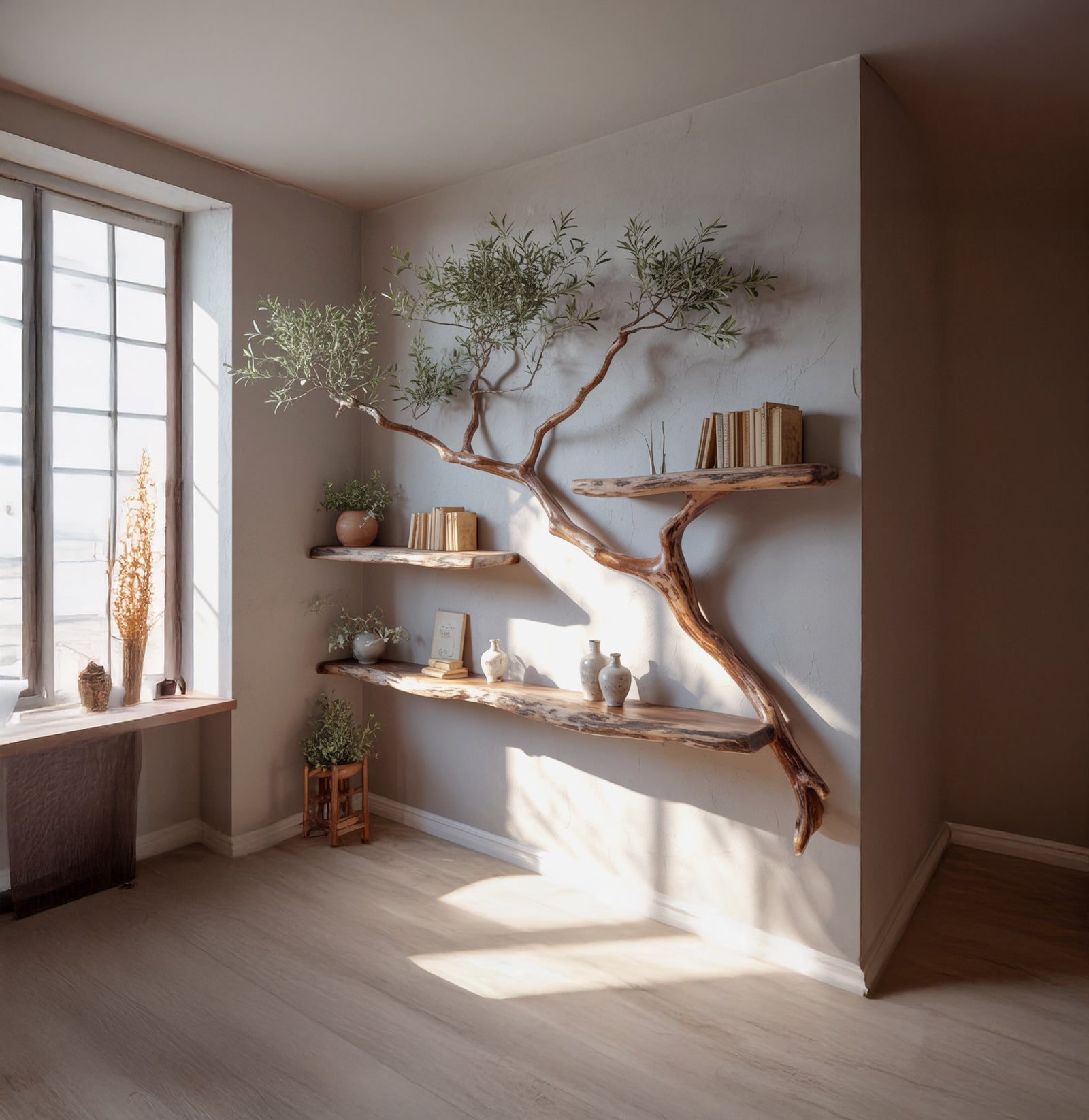 Baum-Wandregal – handgefertigtes Holzregal mit Baumkante, rustikal & dekorativ
