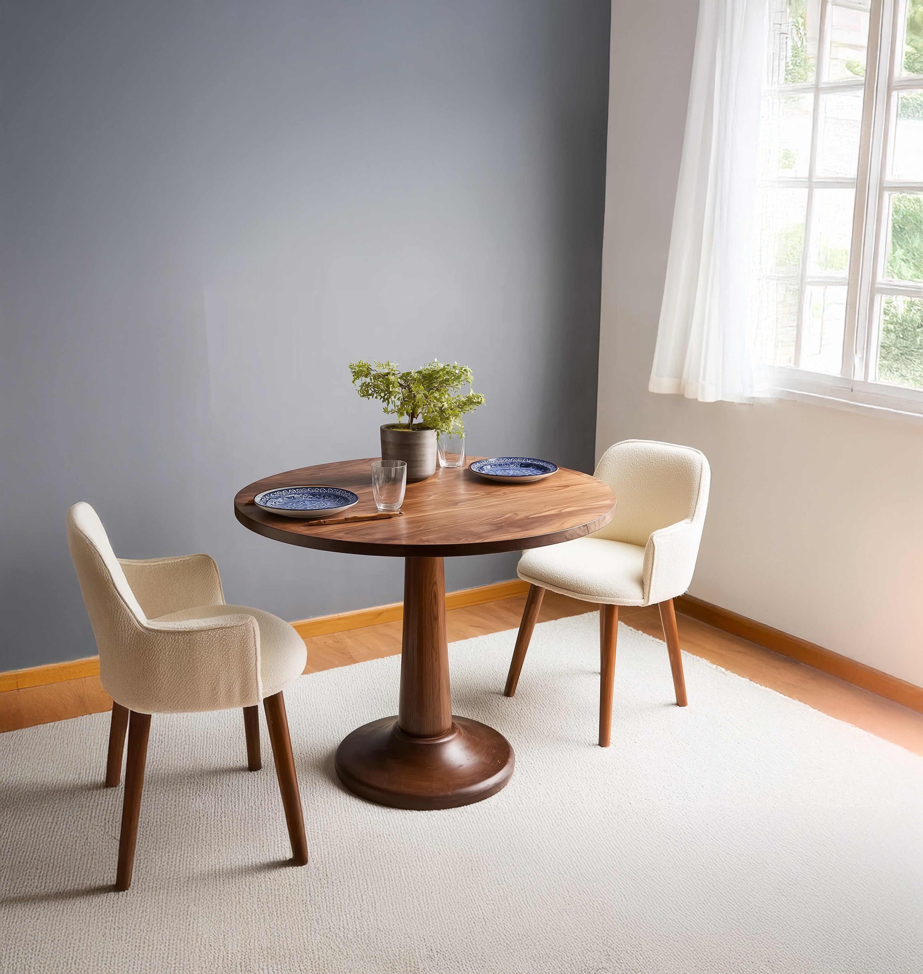 Runder Esstisch für Zwei – Tulpenfuß aus Dunklem Holz