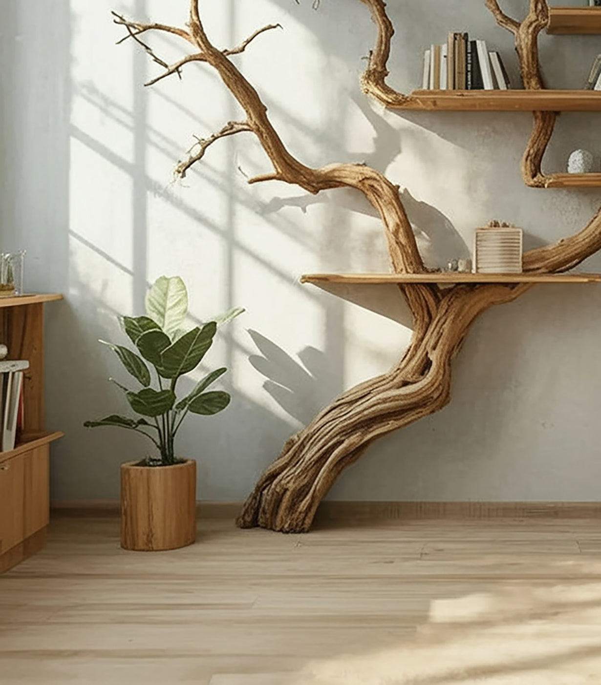 Baumförmiges Holzregal – Skulpturales Ast-Bücherregal & rustikale Wohnkultur