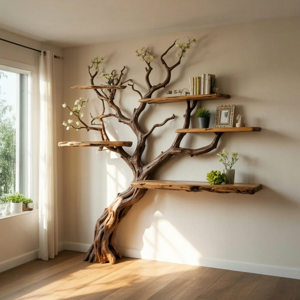 Handgefertigtes Ast-Bücherregal aus Naturholz – schwebende Wanddeko