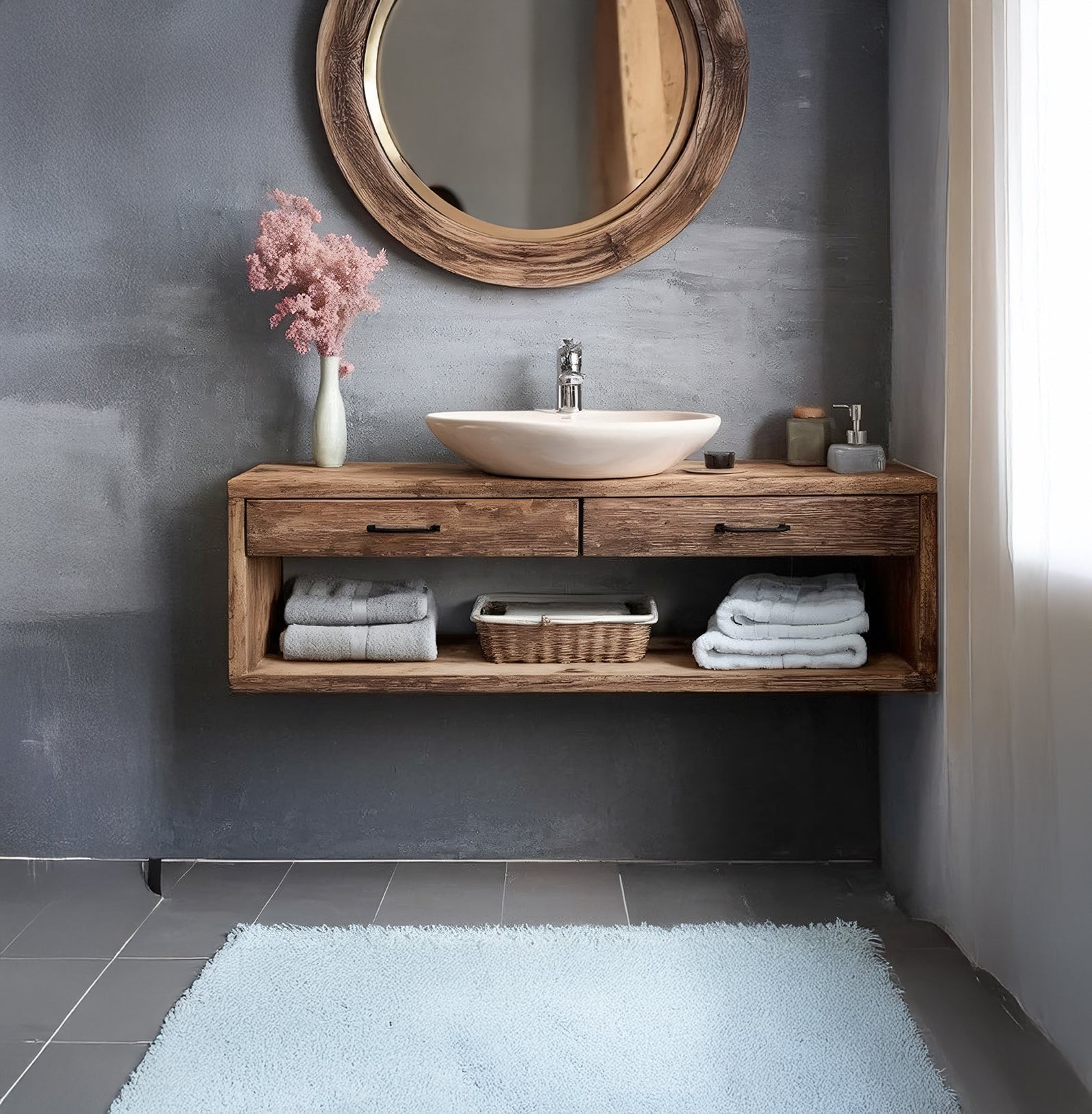 Rustikaler schwebender Waschtisch aus Massivholz mit offenem Stauraum