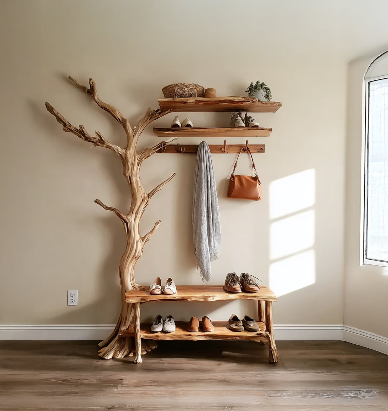 Natürliche Garderobe aus Baumästen – Wandmontierter Treibholz-Kleiderhaken