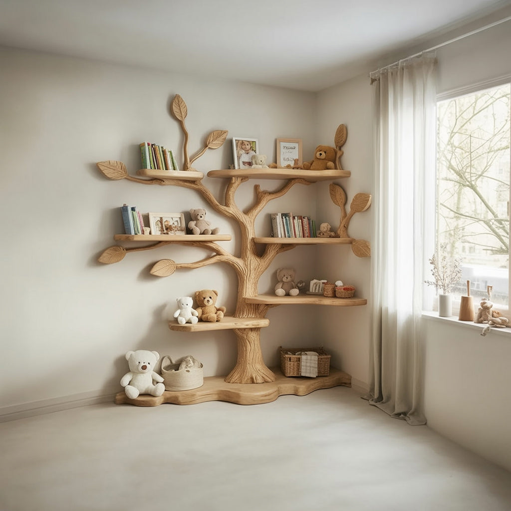Baum-Bücherregal für Kinder – Massivholz Eckregal aus Naturholz