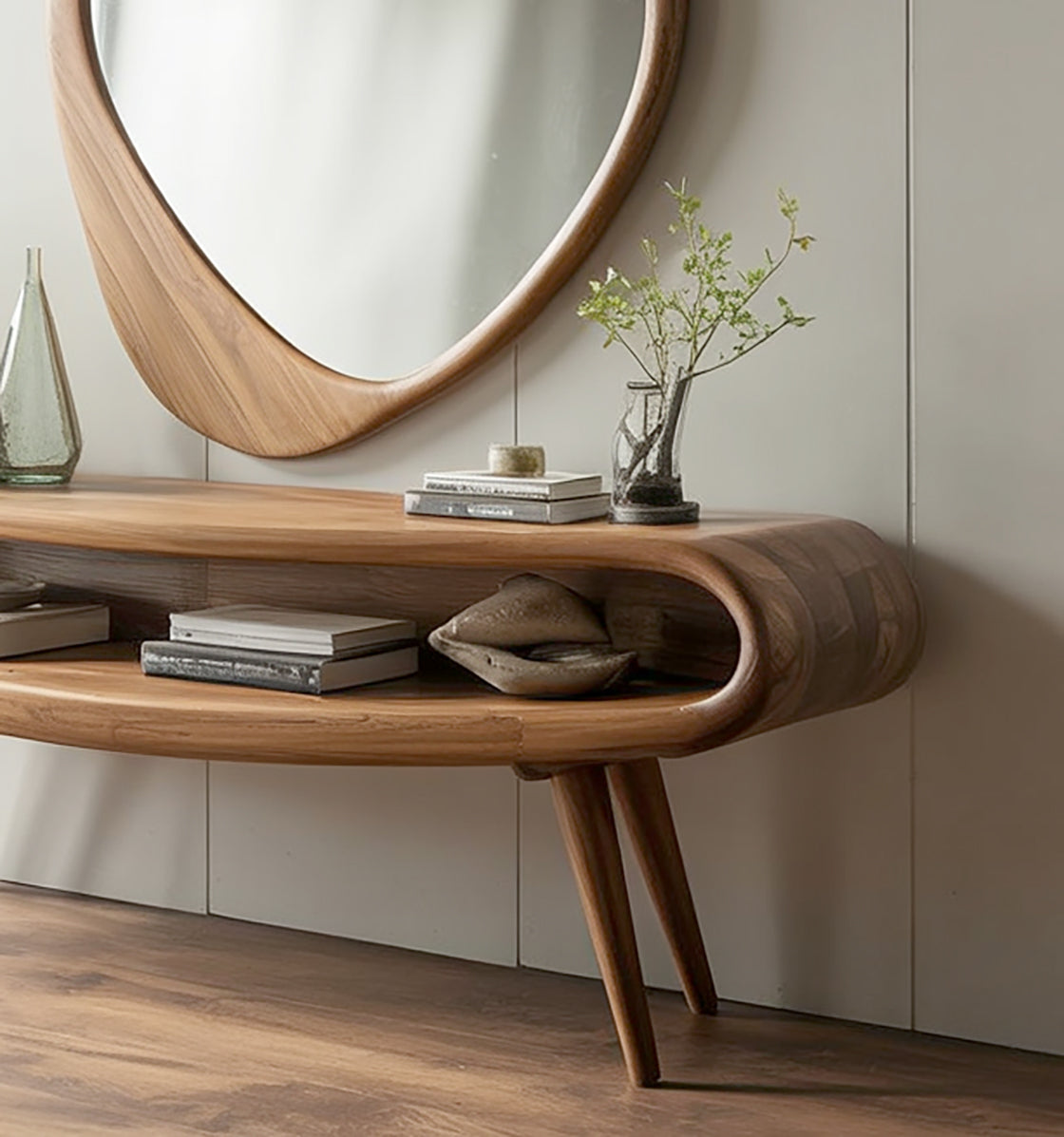 Mid-Century Modern Konsolentisch mit Spiegel – Massivholz-Eingangstisch