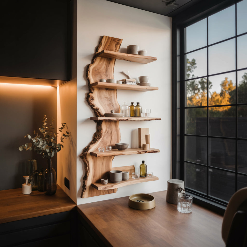 Live Edge Küchenregal schwebend – Modernes Massivholz Wandregal