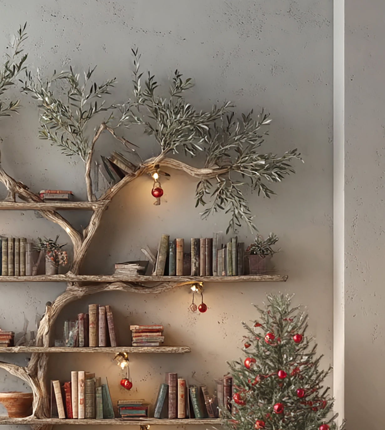 Baumförmiges Bücherregal – schwebendes Wandregal aus Massivholz mit Live Edge