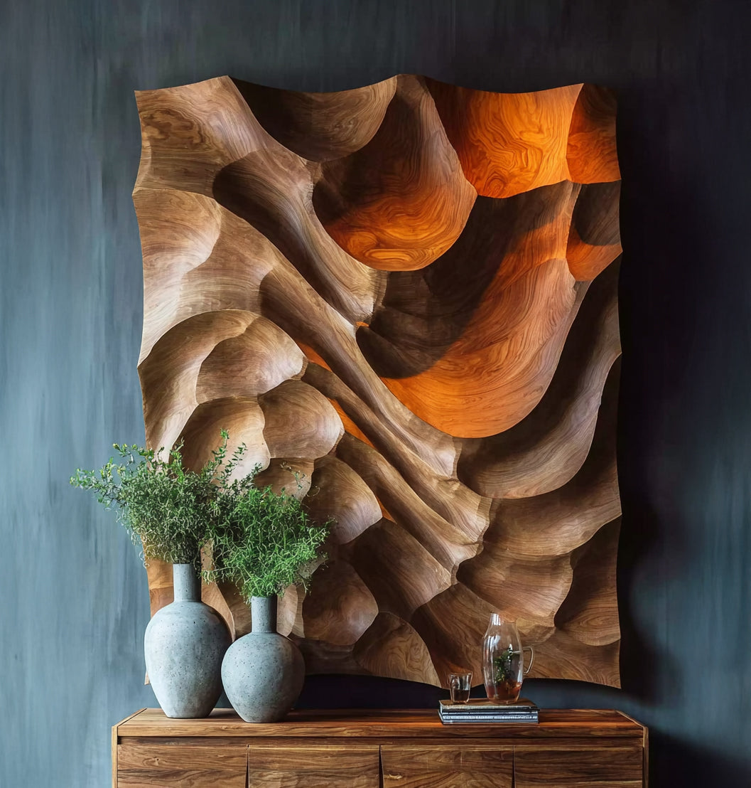 Modernes Holz-Wandpanel – Abstrakte Welle, handgefertigte 3D-Kunst