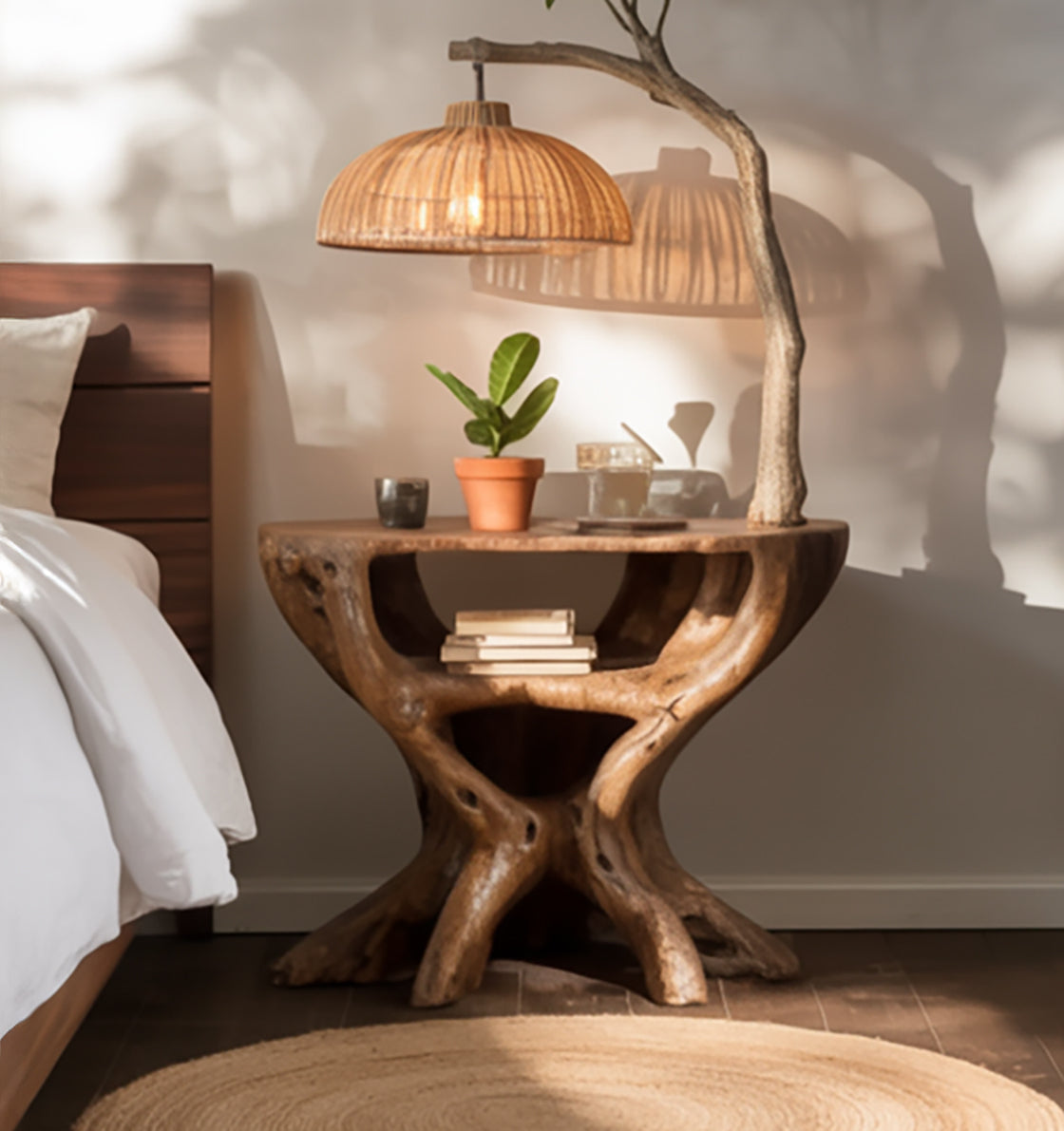 Holz-Beistelltisch mit Baumlampe – handgefertigte Nachttischleuchte