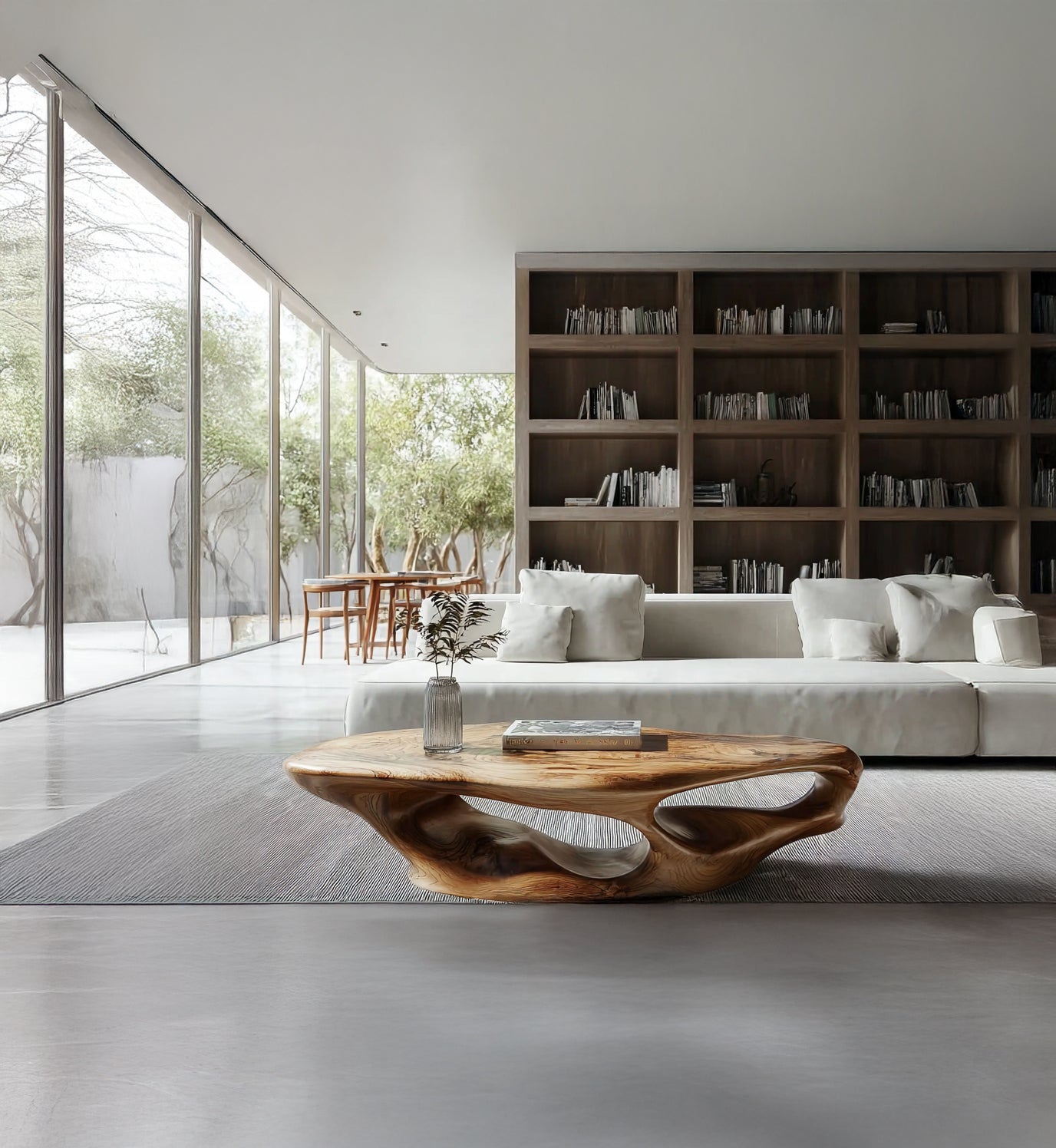 Rustikaler niedriger Couchtisch aus Altholz mit natürlicher Baumkante