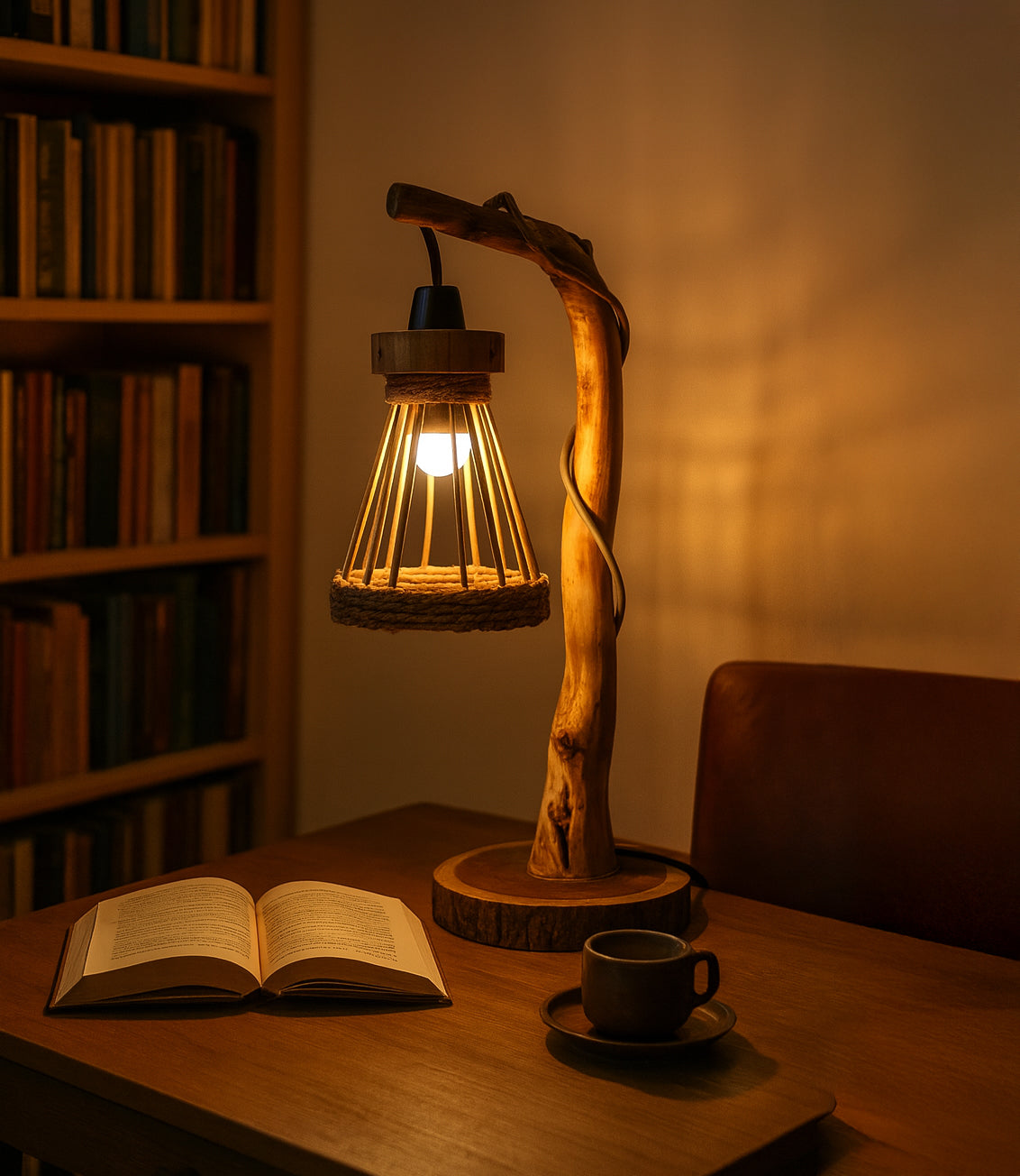 Rustikale Treibholz-Stehlampe mit Rattan-Lampenschirm – natürliche Holzbeleuchtung
