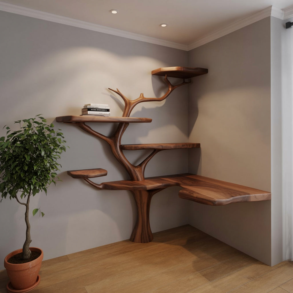 Schwebendes Bücherregal aus Treibholz mit Garderobe und Holzbank