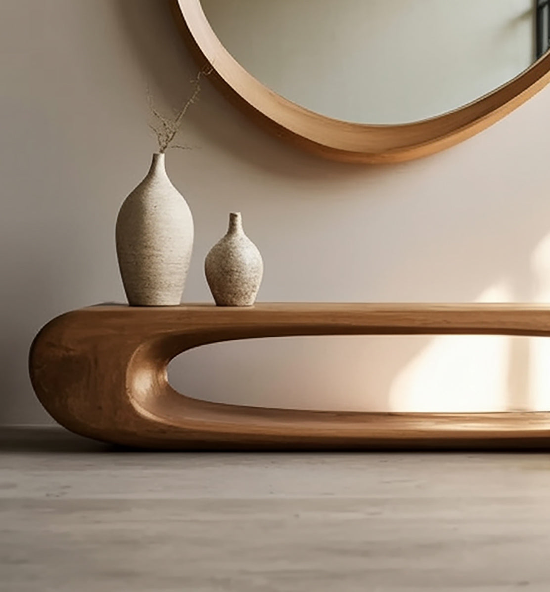 Handgefertigter unregelmäßiger Holzspiegel im Mid-Century-Stil