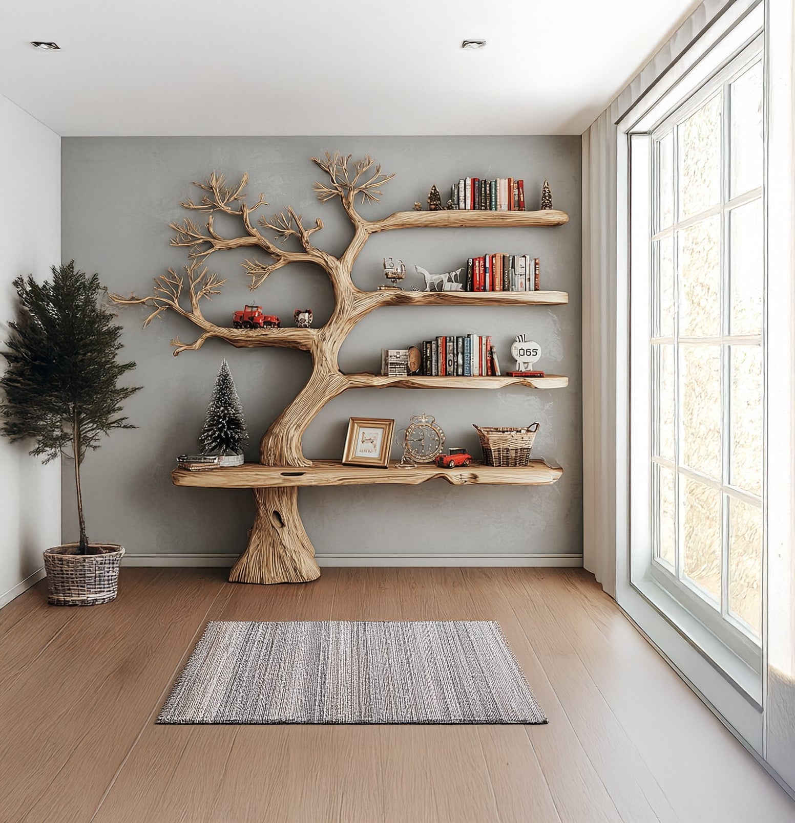 Rustikales Baum-Bücherregal aus Holz – Ast-Design für Wohnzimmer