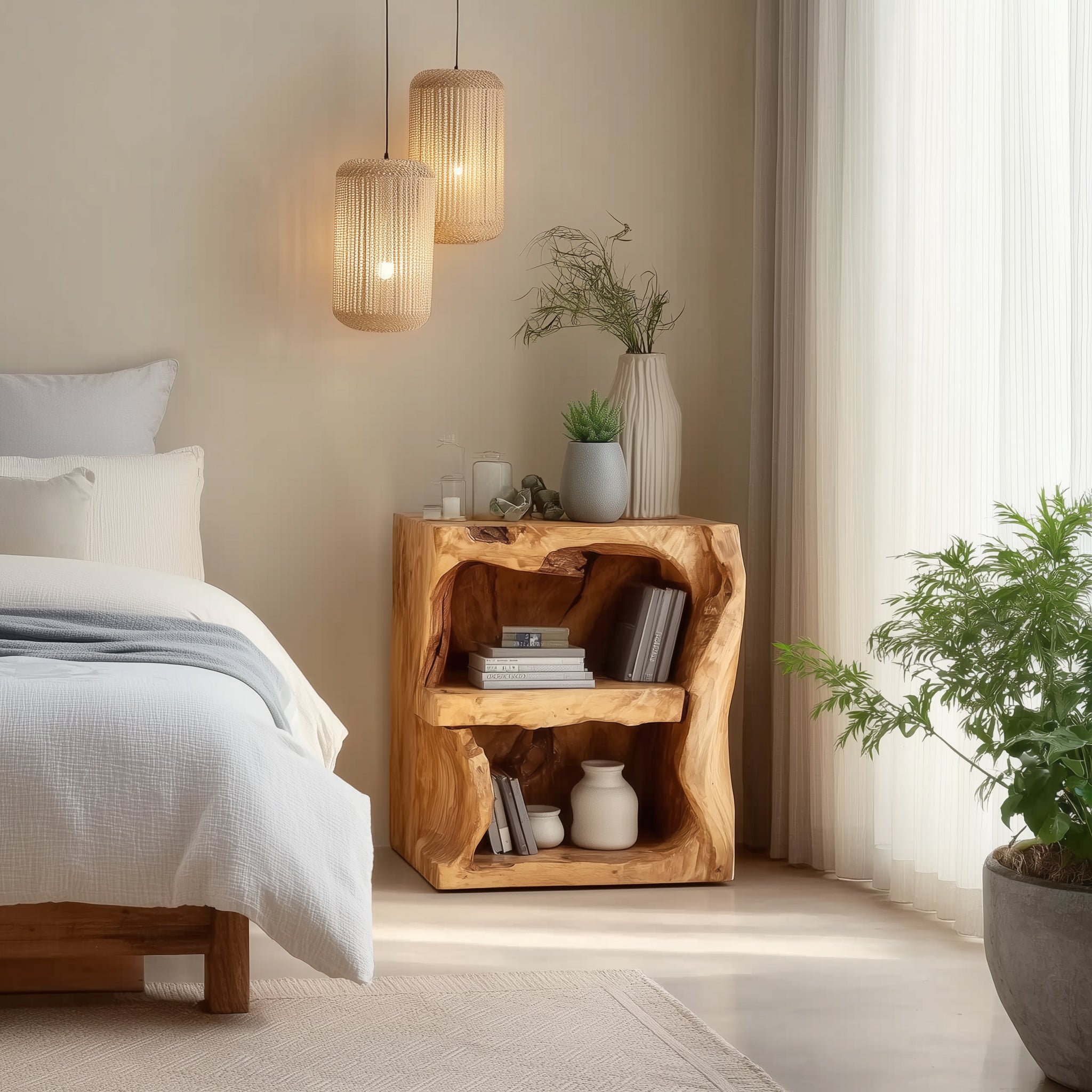 Handgefertigter Nachttisch mit Schublade – Rustikaler Naturholz-Nachtisch