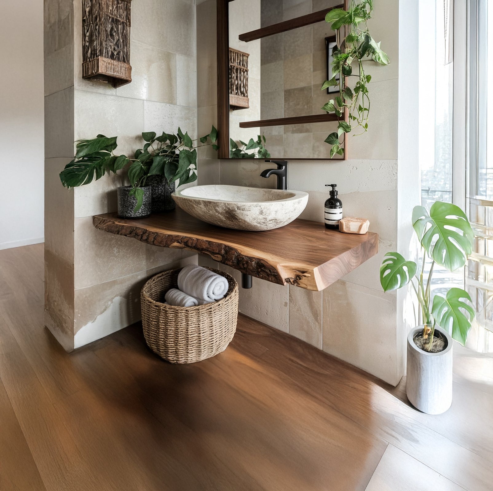 Handgefertigtes Eckregal aus recyceltem Holz mit Live-Edge-Design