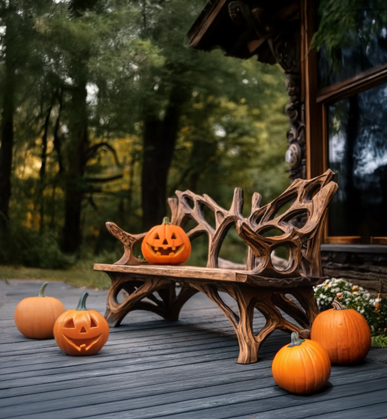 Bauernhaus-Verandabank – Rustikale Mid-Century-Massivholzbank für draußen