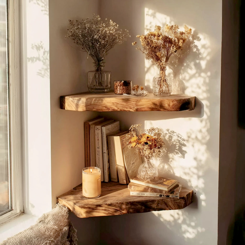 Landhausstil Floating-Eckregal – Wandregal mit Baumkante, rustikale Walnuss-Bücherregale