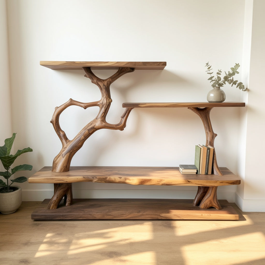 Rustikaler schmaler Konsolentisch mit Regalen aus recyceltem Holz, Naturkante