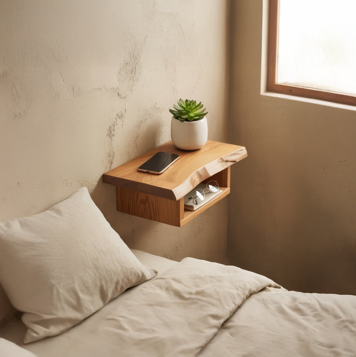 Massivholz Nachttisch mit Ablage – Moderner Beistelltisch Holz