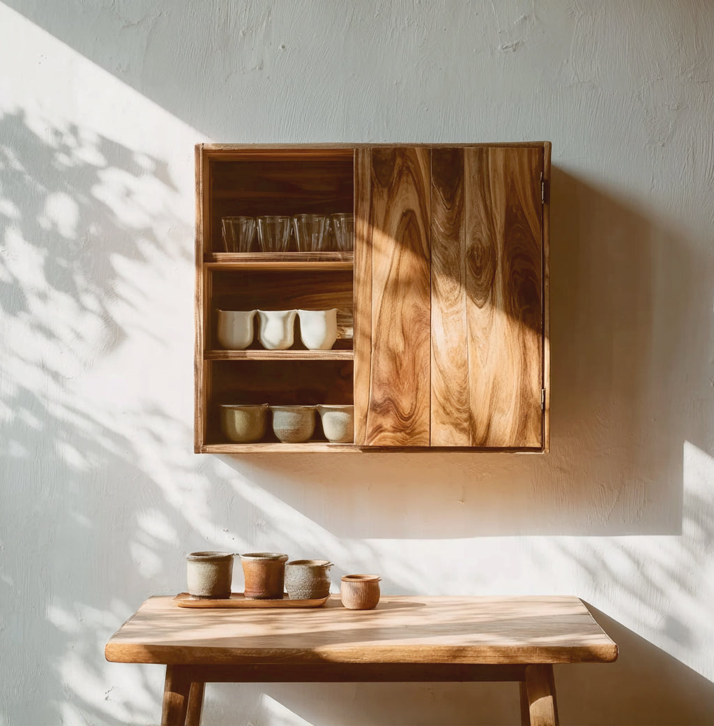 Handgefertigter Wandschrank aus Massivholz – Minimalistisches Hängeregal