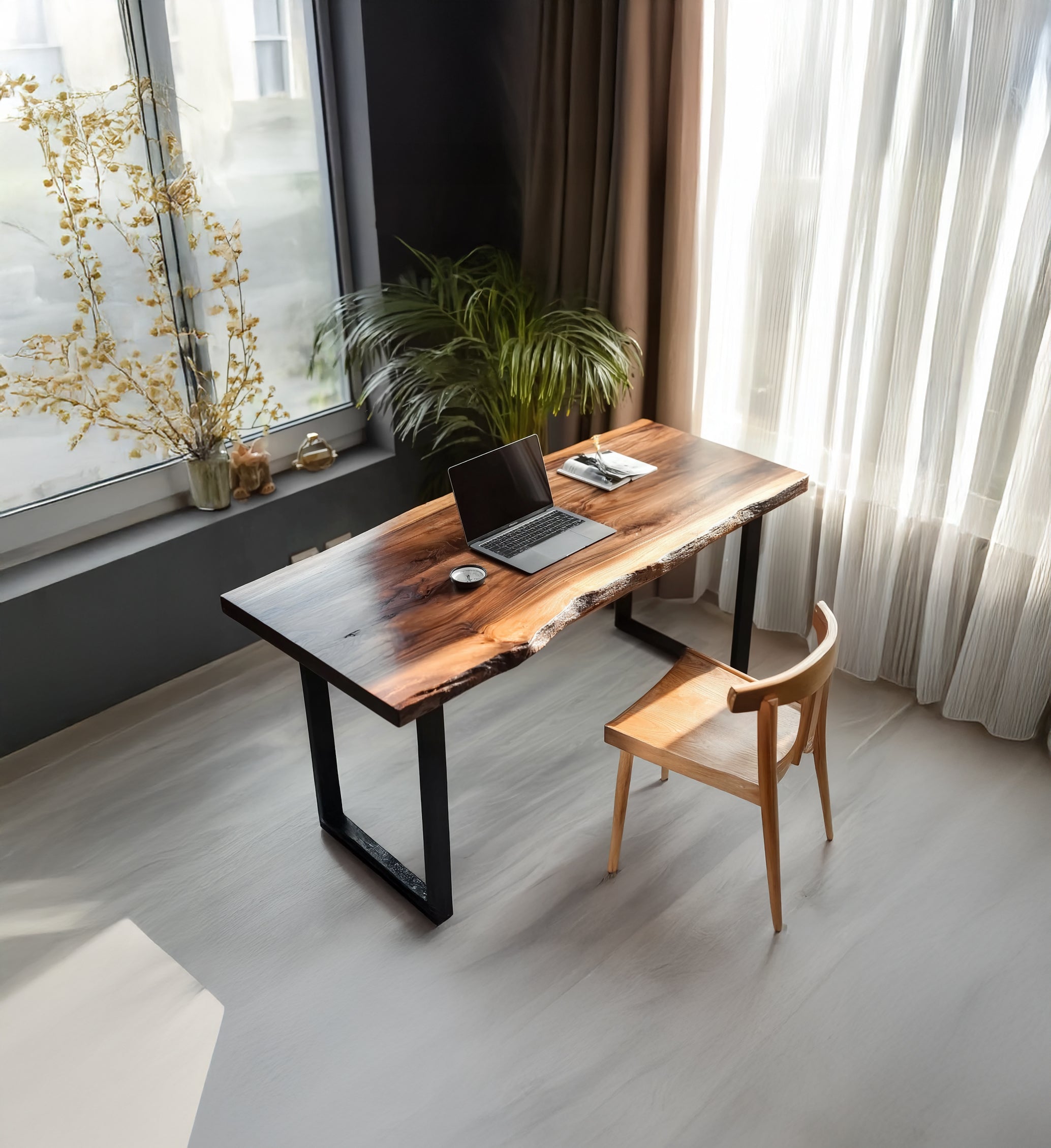 Live-Edge-Walnuss-Schreibtisch – Massivholz mit Metallbeinen, rustikales Büro-Möbel