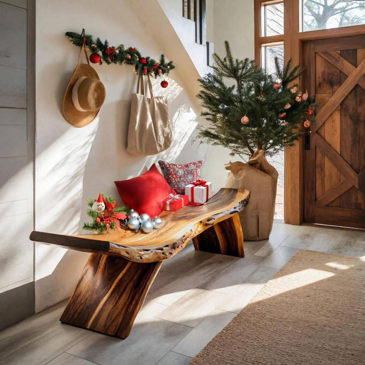 Handgefertigte Holzbank mit Naturkante – rustikal für Eingangsbereich oder Flur