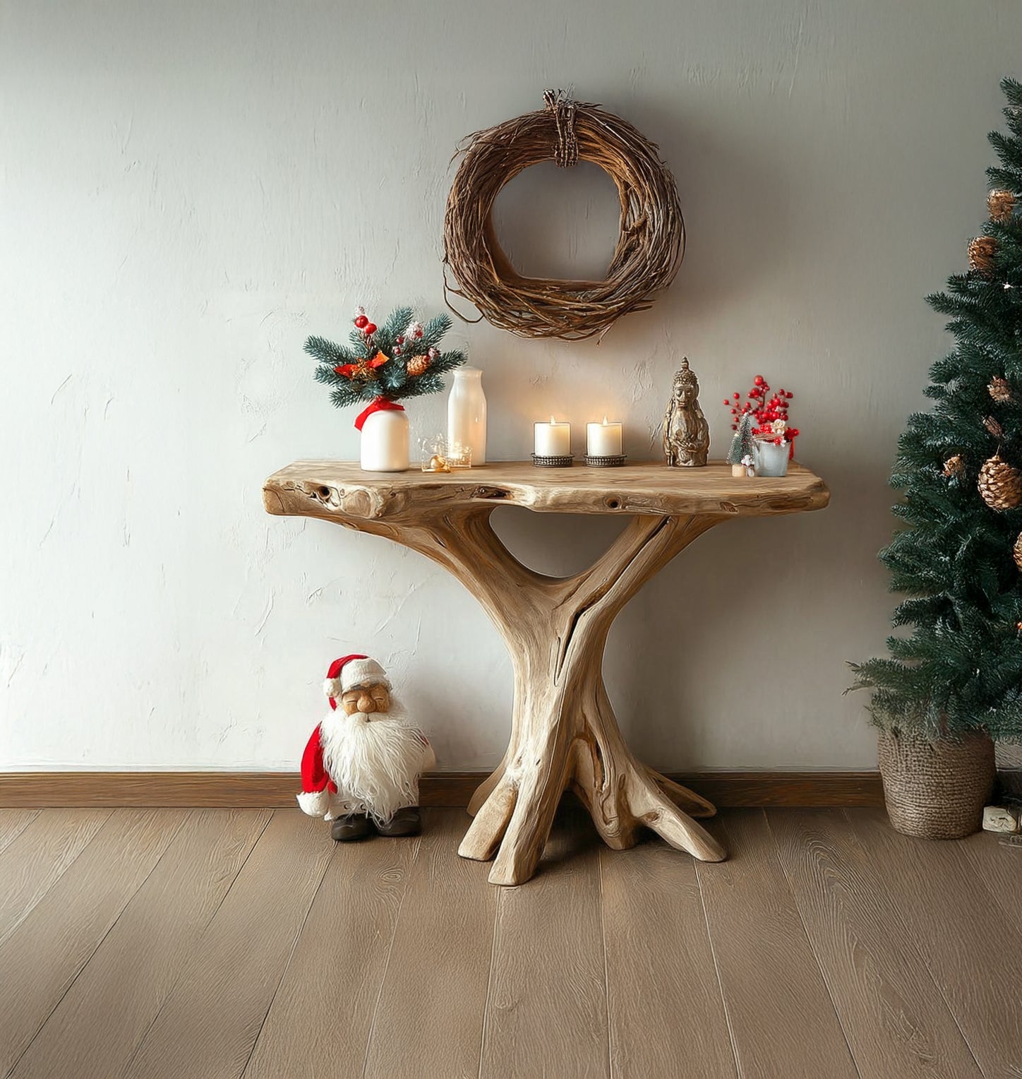 Rustikaler Baumwurzel-Konsolentisch – Handgefertigter Live-Edge-Flurtisch