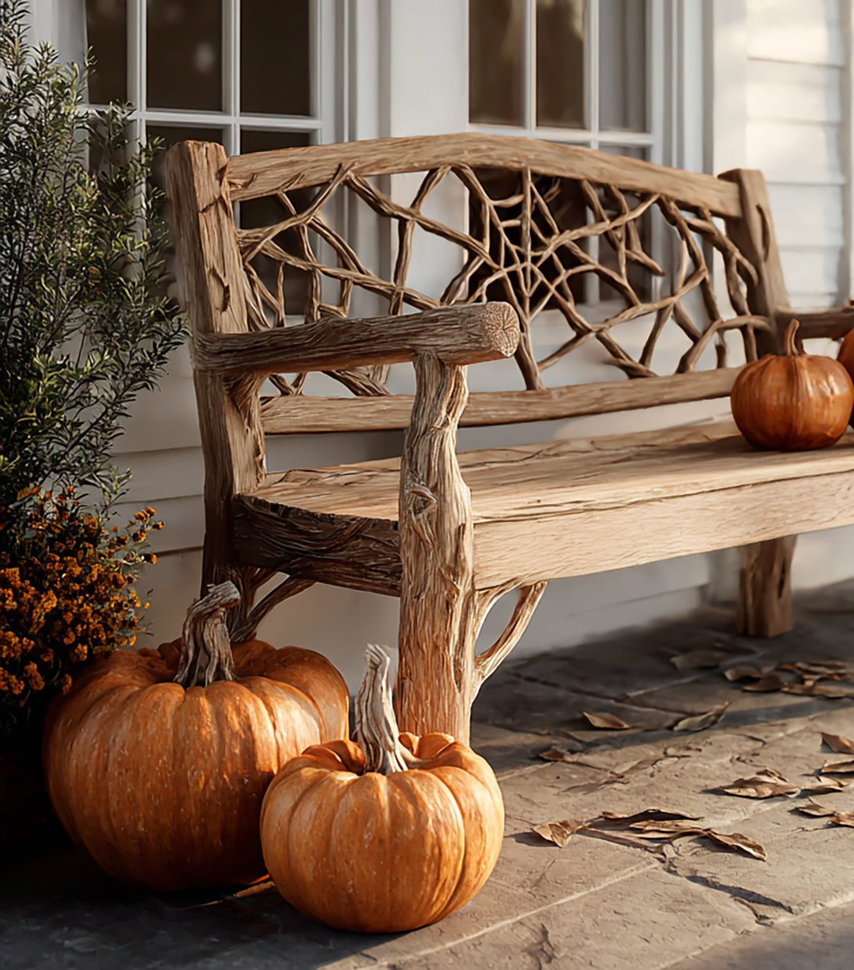 Bauernhaus-Terrassenbank – Handgefertigte Holzbank für Halloween auf der Veranda