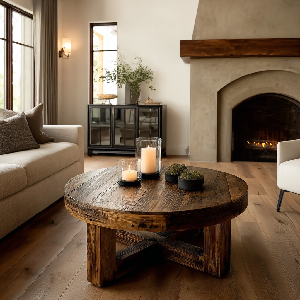 Runder Eichen-Couchtisch – Rustikales Upcycling-Holz im Landhausstil