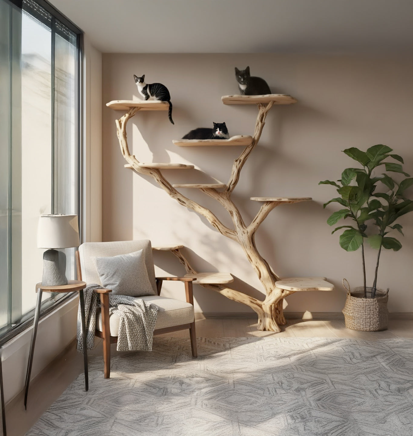Handgefertigter Katzenbaum aus Holz – Großes Massivholz-Katzenmöbel