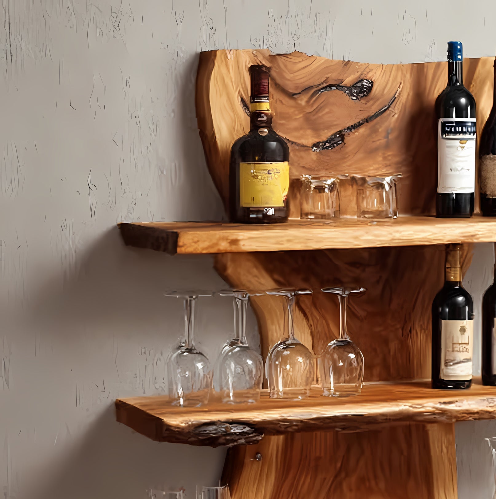 Handgefertigtes 3-stöckiges Live Edge Barregal – rustikales Wandregal für Hausbar